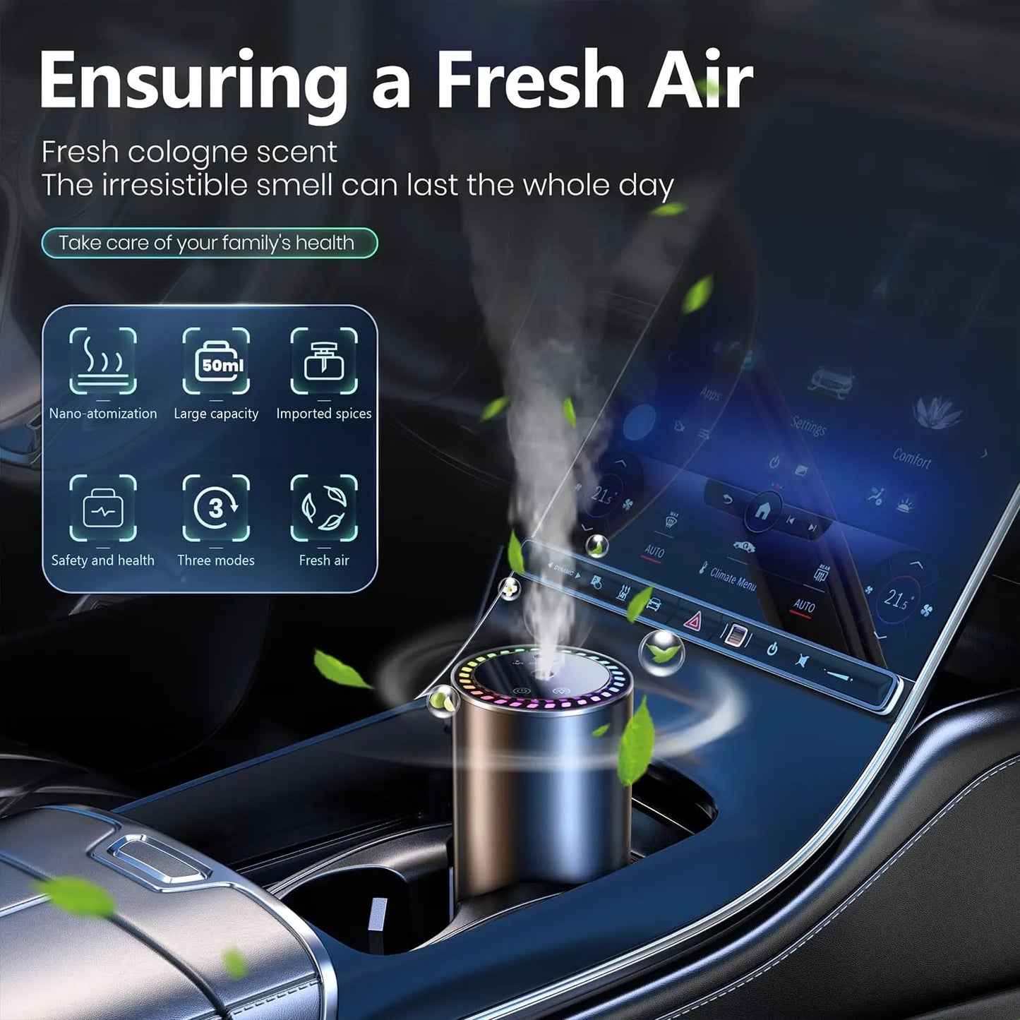 Car Diffuser Fragrance Smart Aroma Air Aromatherapy Humidifier Freshener Rechargeable Interior Accessories Perfume Oil Mounted