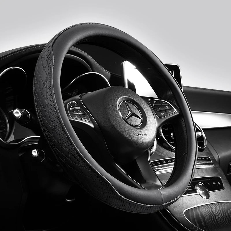 Napa Leather Perforated Patchwork Car Steering Wheel Cover, Non-Slip, Breathable, Universal 15 Inch (Approx. 38Cm)