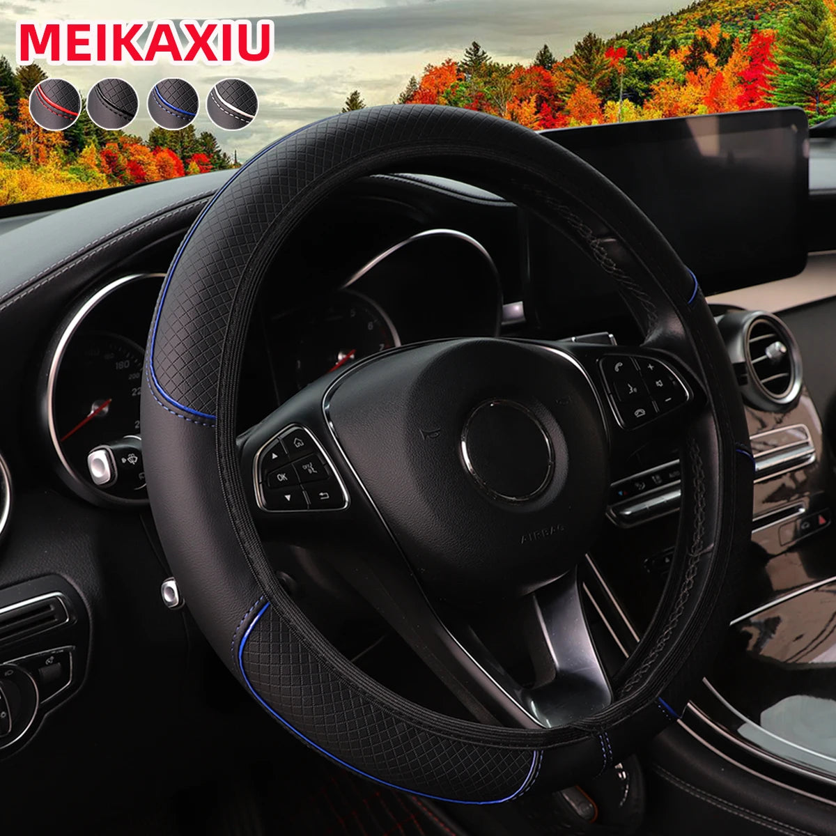 A Leather Embosed Red Blue Strip Trim Car without Inner Ring Steering Wheel Cover Fits 14.5-15 "37-38Cm Car Interior Supplies