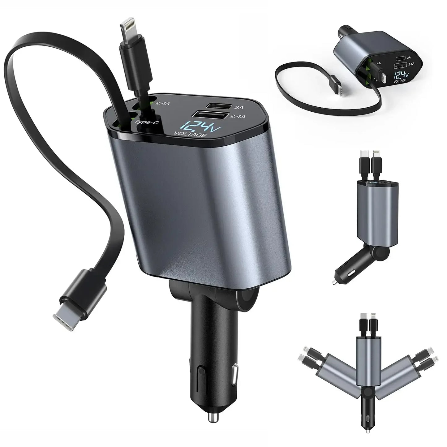 120W 4 in 1 Car Charger with Retractable Cable and 2 USB Ports USB Type C Cigarette Lighter Adapter for Iphone Samsung Huawei
