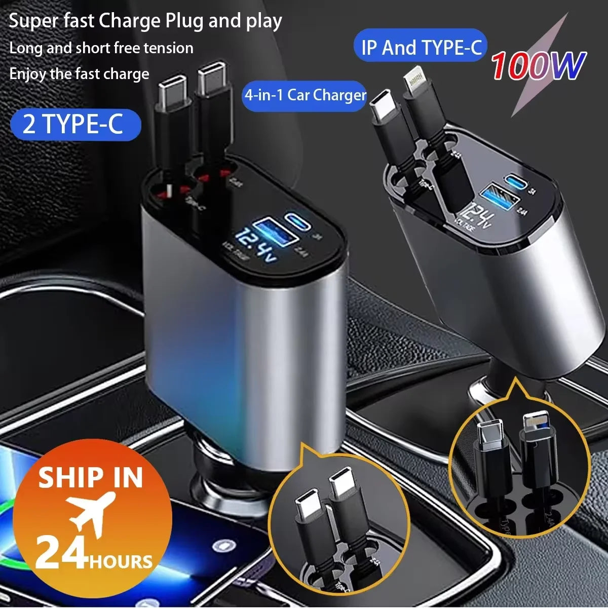 120W 4 in 1 Car Charger with Retractable Cable and 2 USB Ports USB Type C Cigarette Lighter Adapter for Iphone Samsung Huawei