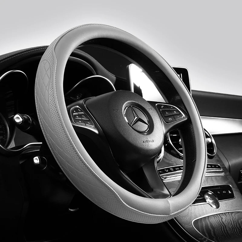Napa Leather Perforated Patchwork Car Steering Wheel Cover, Non-Slip, Breathable, Universal 15 Inch (Approx. 38Cm)