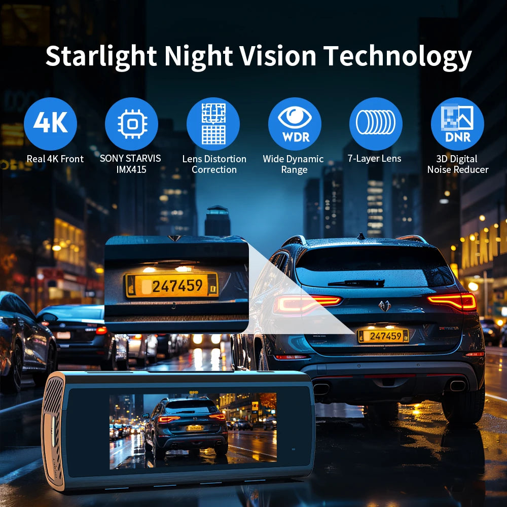 Dash Cam 4K Front & 1080P Rear Camera DVR Video Recorder Sony IMX415 Voice Control GPS Wifi 24H Parking Dashcam D8