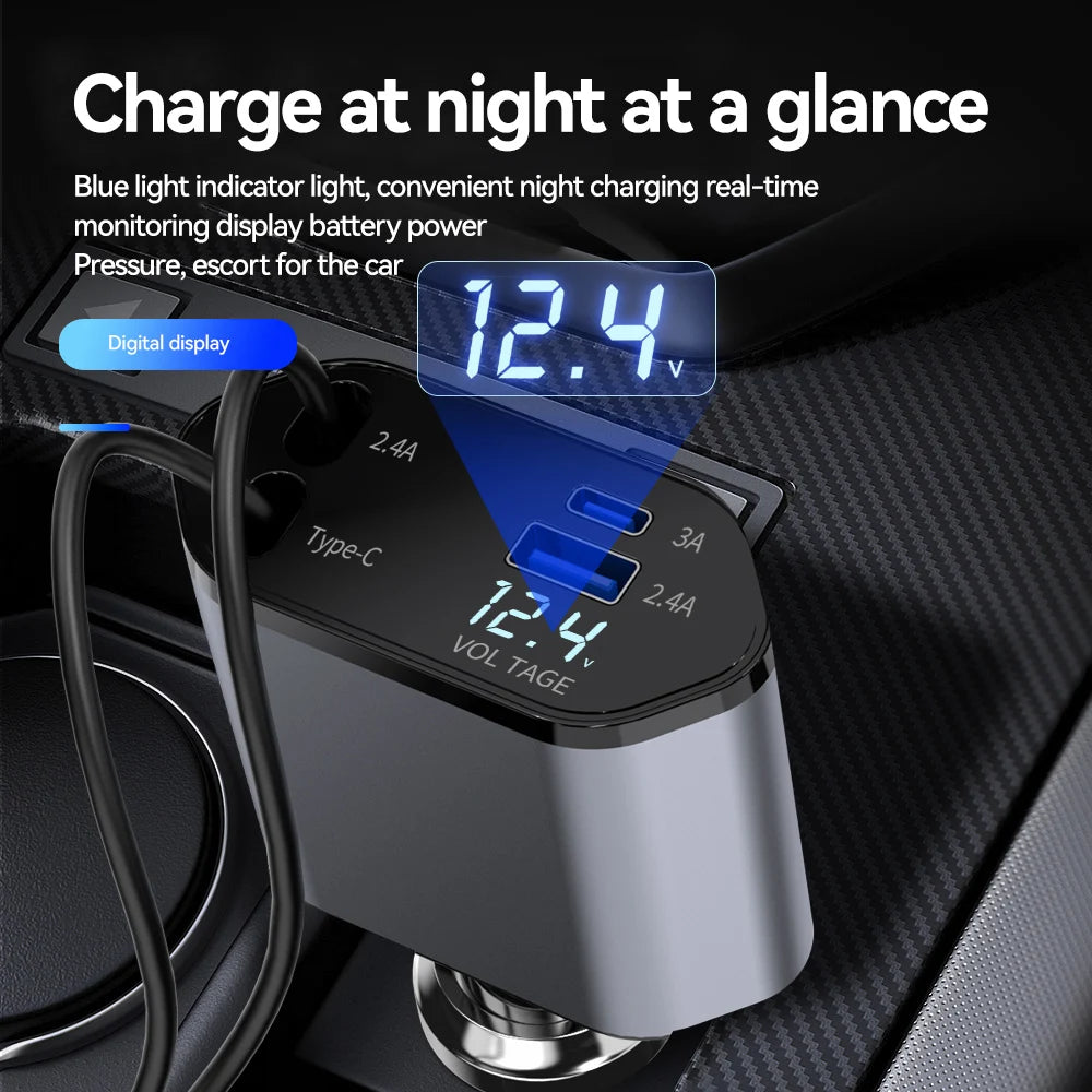 120W 4 in 1 Car Charger with Retractable Cable and 2 USB Ports USB Type C Cigarette Lighter Adapter for Iphone Samsung Huawei