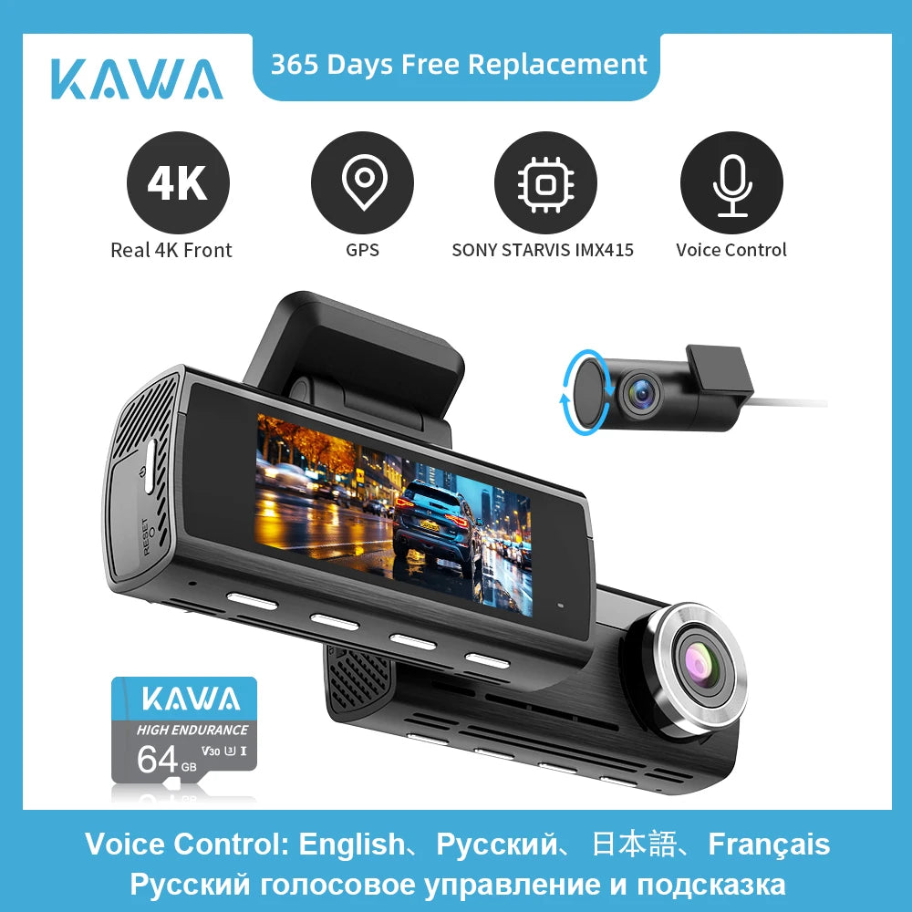 Dash Cam 4K Front & 1080P Rear Camera DVR Video Recorder Sony IMX415 Voice Control GPS Wifi 24H Parking Dashcam D8