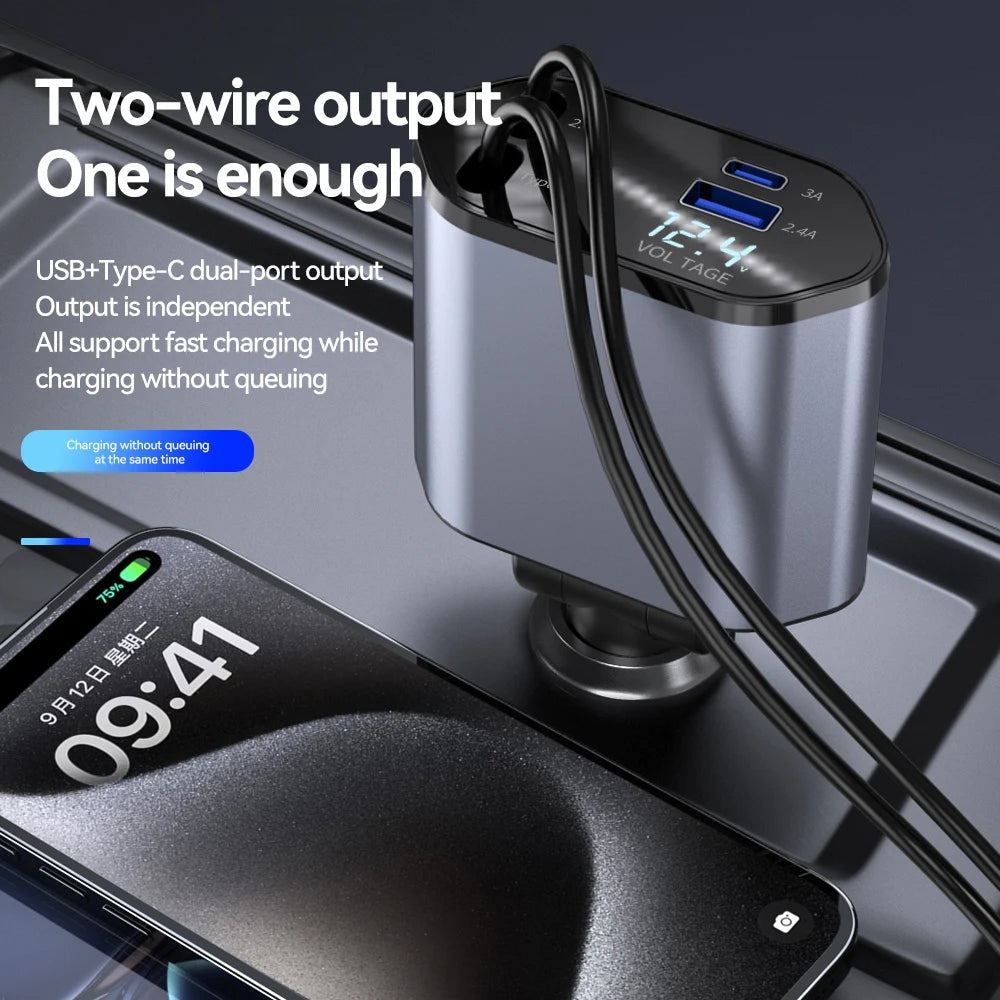 120W 4 in 1 Car Charger with Retractable Cable and 2 USB Ports USB Type C Cigarette Lighter Adapter for Iphone Samsung Huawei