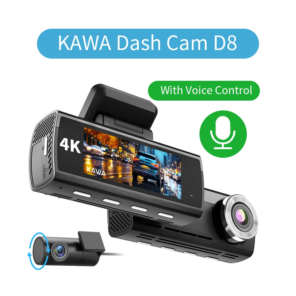 Dash Cam 4K Front & 1080P Rear Camera DVR Video Recorder Sony IMX415 Voice Control GPS Wifi 24H Parking Dashcam D8