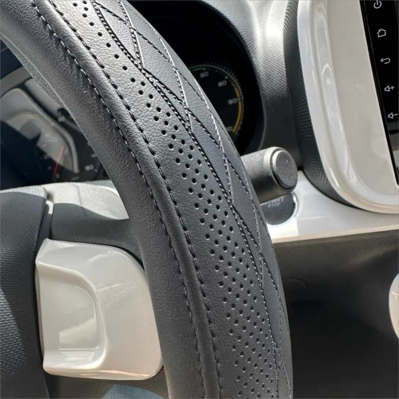 Napa Leather Perforated Patchwork Car Steering Wheel Cover, Non-Slip, Breathable, Universal 15 Inch (Approx. 38Cm)