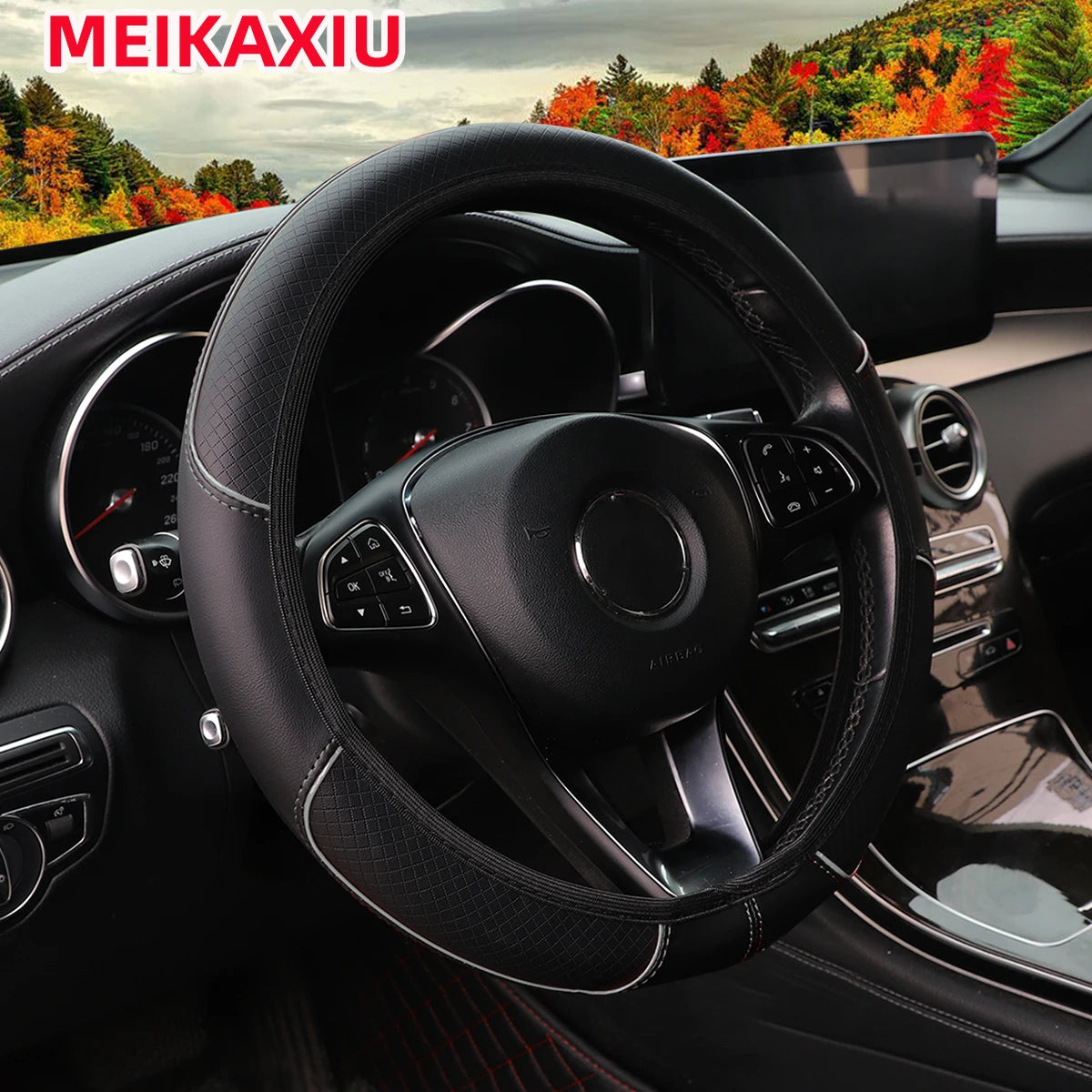 A Leather Embosed Red Blue Strip Trim Car without Inner Ring Steering Wheel Cover Fits 14.5-15 "37-38Cm Car Interior Supplies