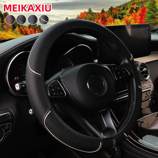 A Leather Embosed Red Blue Strip Trim Car without Inner Ring Steering Wheel Cover Fits 14.5-15 "37-38Cm Car Interior Supplies