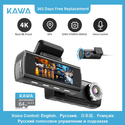 Dash Cam 4K Front & 1080P Rear Camera DVR Video Recorder Sony IMX415 Voice Control GPS Wifi 24H Parking Dashcam D8