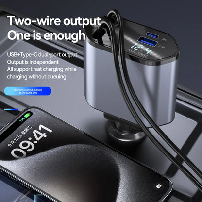 120W 4 in 1 Car Charger with Retractable Cable and 2 USB Ports USB Type C Cigarette Lighter Adapter for Iphone Samsung Huawei