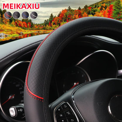 A Leather Embosed Red Blue Strip Trim Car without Inner Ring Steering Wheel Cover Fits 14.5-15 "37-38Cm Car Interior Supplies